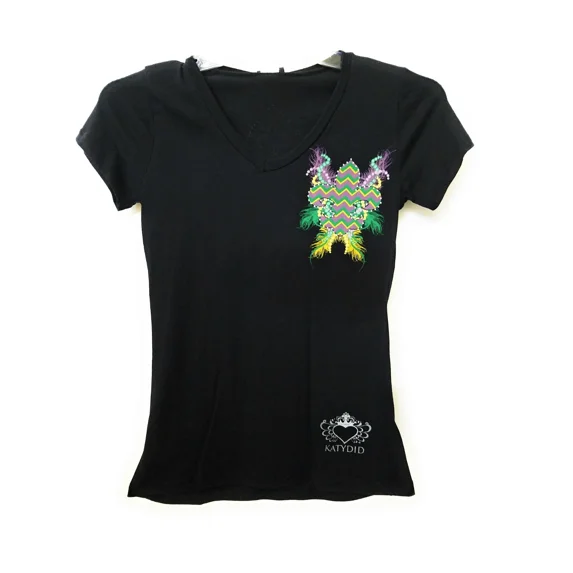 Womens Shirt Mardi Gras Fleur De Lis Top Chevron Feather Short Sleeve Clothes Black