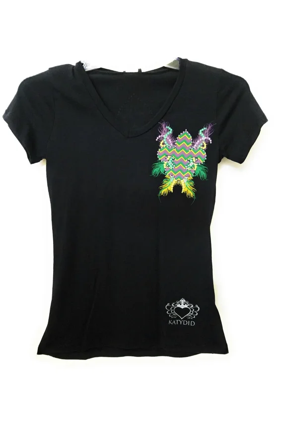 Womens Shirt Mardi Gras Fleur De Lis Top Chevron Feather Short Sleeve Clothes Black