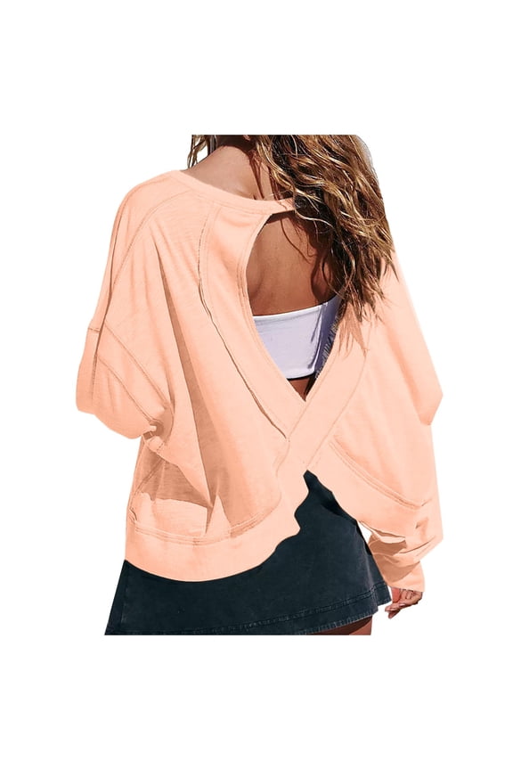 Womens Shirt Open Back Baggy Long Sleeve Backless Round Neck Womens New Clothing,Red,S