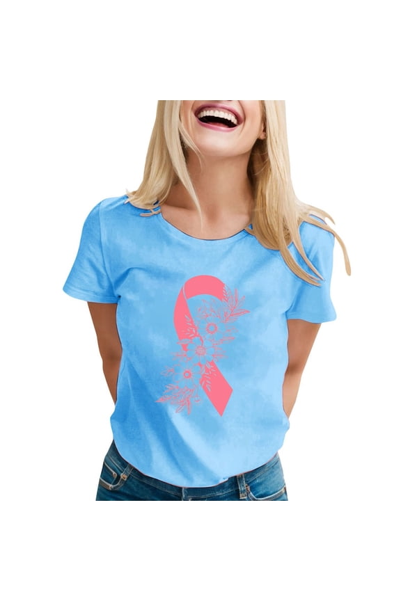 Womens Shirt Ribbon Breast Cancer Awareness Inspirational Short Sleeve Beach Clothes for Women,Light Blue,M