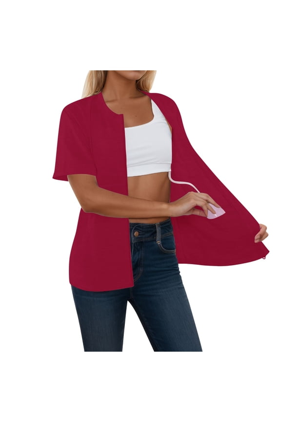 Womens Shirt Short Sleeve Zip Up Post Comfort Pure Color Pocket Womens Athletic Tops,Wine,M
