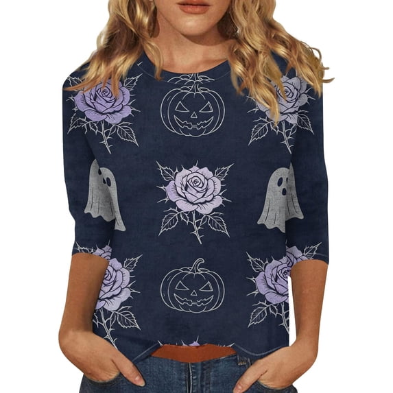 Womens Shirt Sleeve Tops Round‑Neck 3/4‑Sleeve Printed Blouse Lightweight Fashion Outfits Clothes XXXL