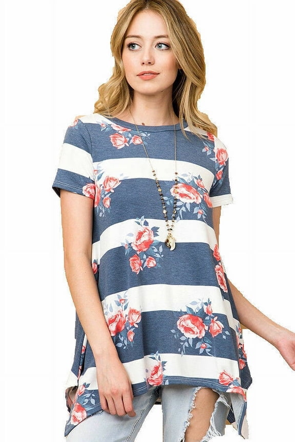 Womens Shirt Stripes Flower Floral Print Tunic Short Sleeve Blouse Top Blue White S-3X