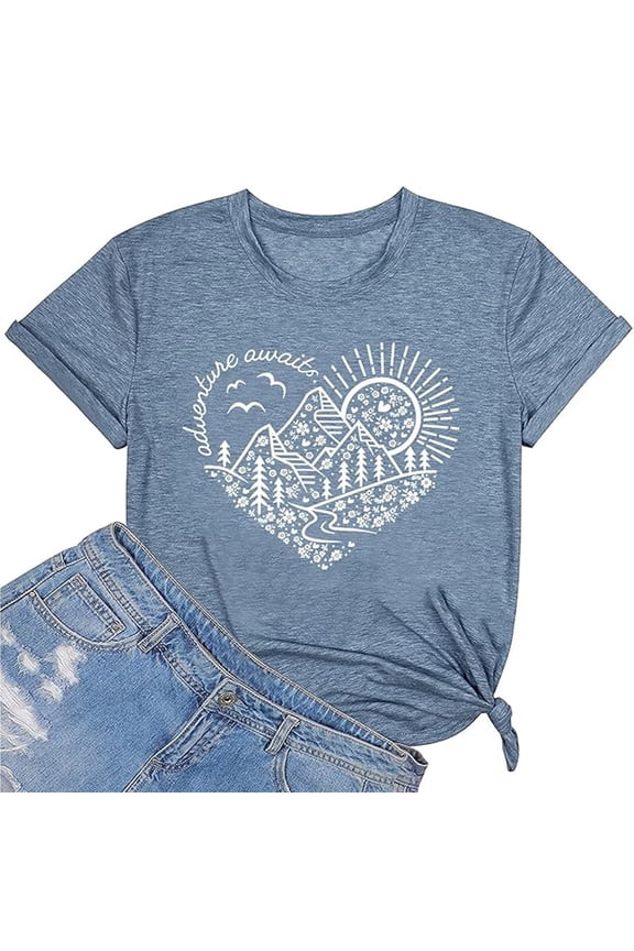 Womens Shirt Stylish Printed Crew Neck Short Sleeve Comfort Womens Athletic Tops,Light Blue,2XL