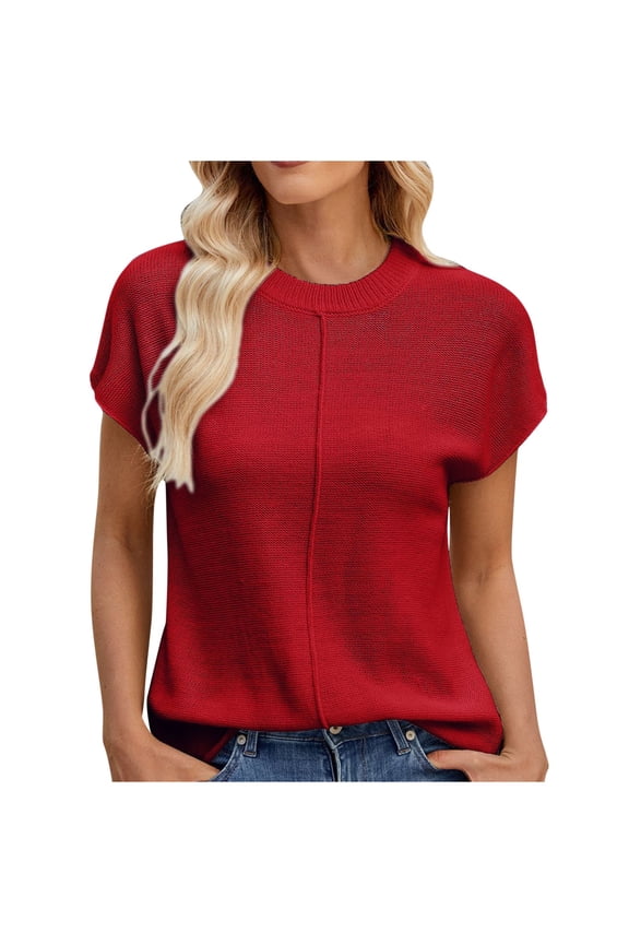 Womens Shirt Sweaters Casual Round Neck Short Sleeve Sweater Solid Color Raglan Blouses Pullover Tops