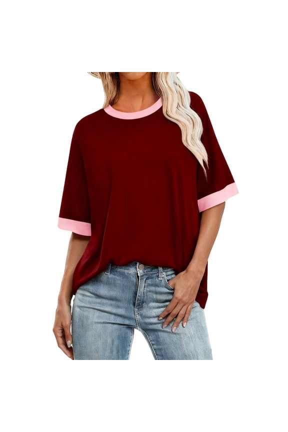 Womens Shirt Trendy Short Sleeve Crew Neck Shirts Basic Colorblock Spring Summer Tops Casual Work Blouses