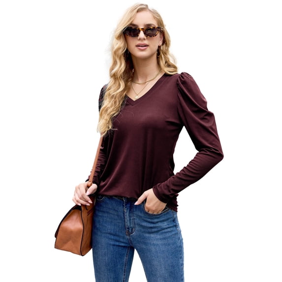 Womens Shirt V Neck Casual Tshirts Puff Sleeve Tops for Women Solid Color Casual Tunic Tops Blouses