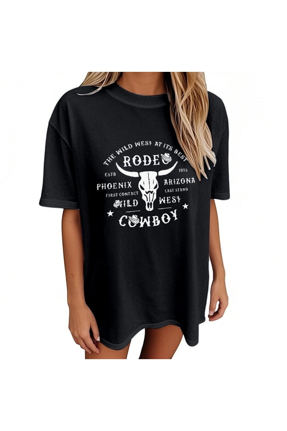 Womens Shirt Western Cowboy Skeleton Graphic Ranch Country Print Summer Tops,Black,XL,Black,XL