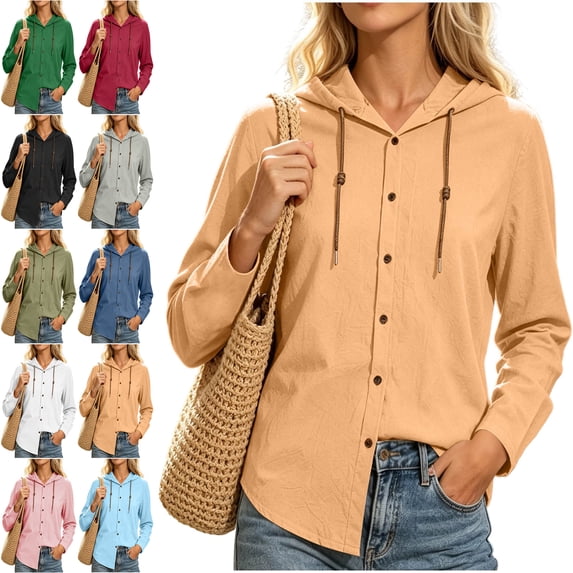 Womens Shirts 100% Cotton Hooded Button Down Fashion Drawstring Long Sleeve Jacket Top