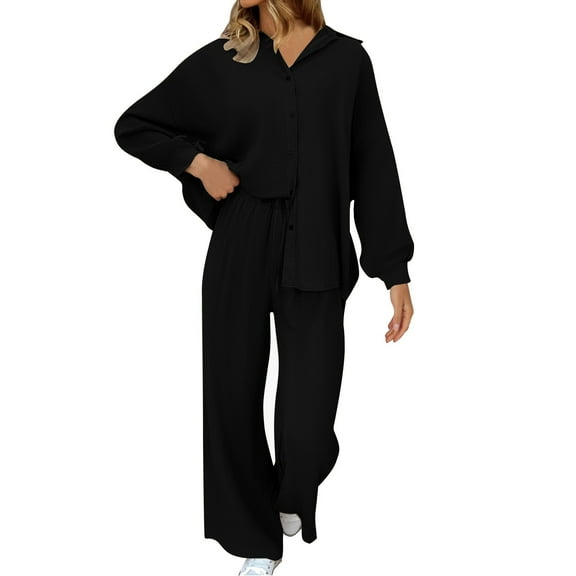 Womens Shirts 2 Piece Lapel Butoon Down V Neck Blouse Elastic Waist Wide Leg Pants Casual Lightweight Loose Outfits (L, Black)
