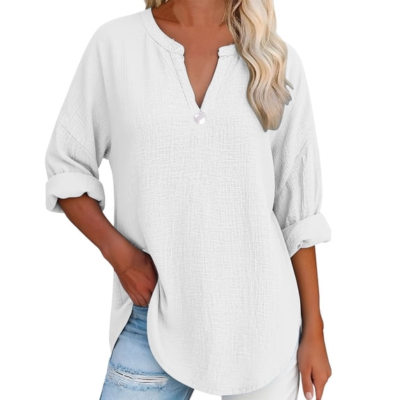 Womens Shirts 3/4 Roll Up Sleeve Button Detail Loose Linen Blouses Oversized Tshirts for Women