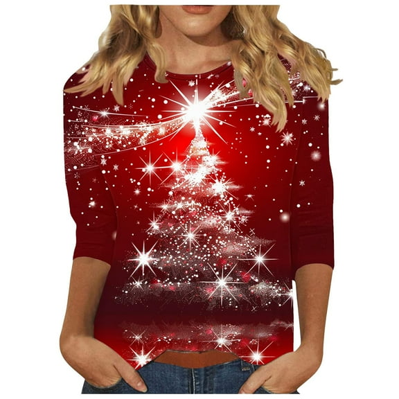 Womens Shirts 3/4 Sleeve Loose Fit Christmas Round Neck Cute Tops Fashion Fall Casual Loose Basic Blouses (Red L)