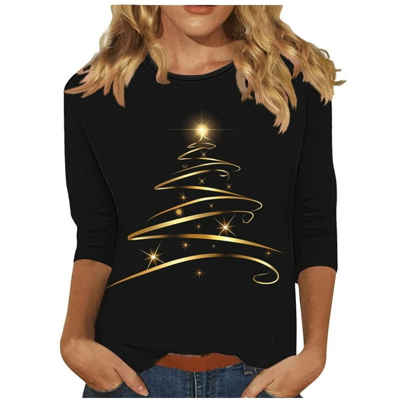 Womens Shirts 3/4 Sleeve Loose Fit Christmas Round Neck Cute Tops Fashion Fall Casual Loose Basic Blouses (Red M)