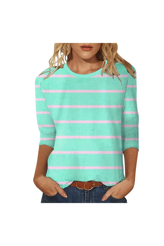 Womens Shirts 3/4 Sleeve Stripes Shirts Casual Crew Neck Tunic Tops for Women Trendy Mint Green L