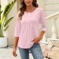 thumbnail image 1 of Womens Shirts 3/4 Sleeves Fashion Solid T-Shirt Women's Three Quarter Sleeve Blouse Round Neck Casual Pleated Tunic Tops, 1 of 4