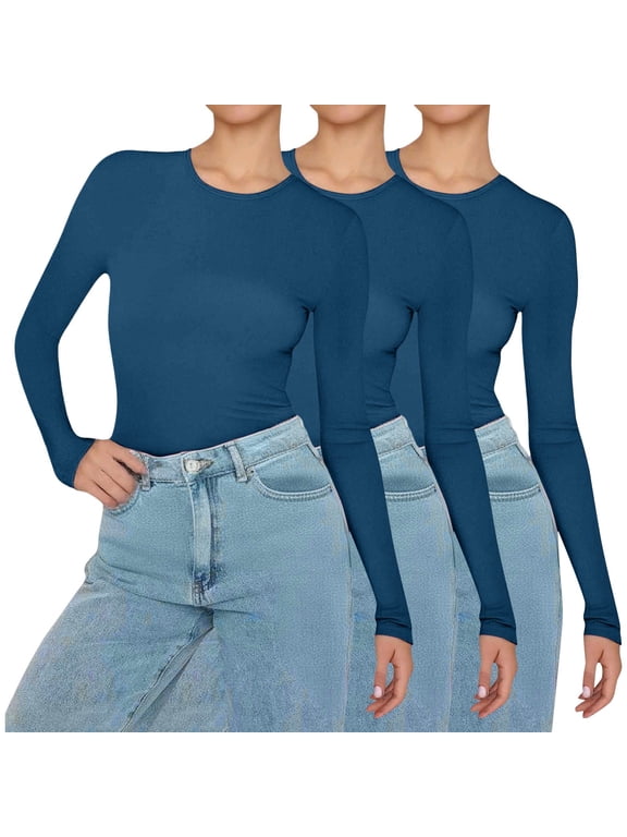 Womens Shirts 3 Pieces Women Basic Long Sleeve Top Slim Baby Tee Round Neck Dupe Crop Layering Slim Top Blouse Aesthetic Streetwear Womens Fashion Top Shirts