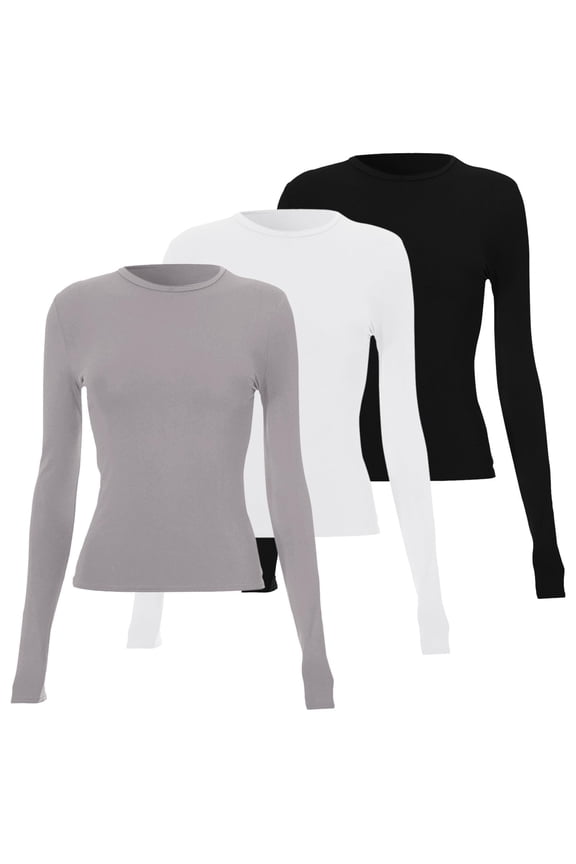 Womens Shirts 3 Pieces Women Basic Long Sleeve Top Slim Baby Tee Round Neck Dupe Crop Layering Slim Top Blouse Aesthetic Streetwear Womens Fashion Top Shirts