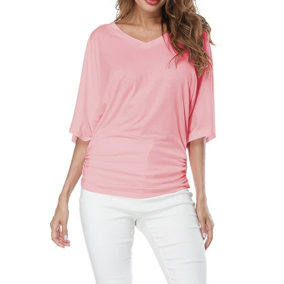 Womens Shirts Blouse Summer Large Size Loose Sleeve V-neck Short-sleeved T-shirt Top