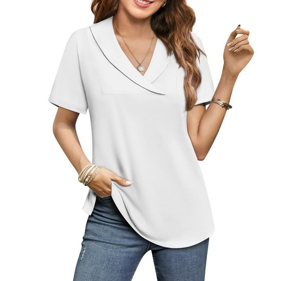 Womens Shirts Blouse Summer Women's Top Casual Short Sleeved Solid V-neck Lapel Top T-shirt