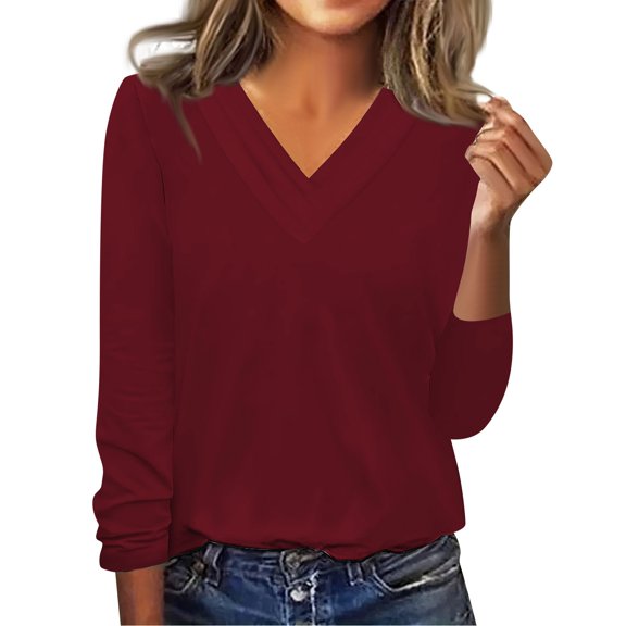 Womens Shirts Blouse Women Fashion Solid Color Multi-layer V-neck Autumn Long Sleeve Hoodie Top