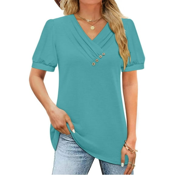 Womens Shirts Blouse Women's Casual V-Neck Short Sleeve T-Shirt Solid Color Button Top