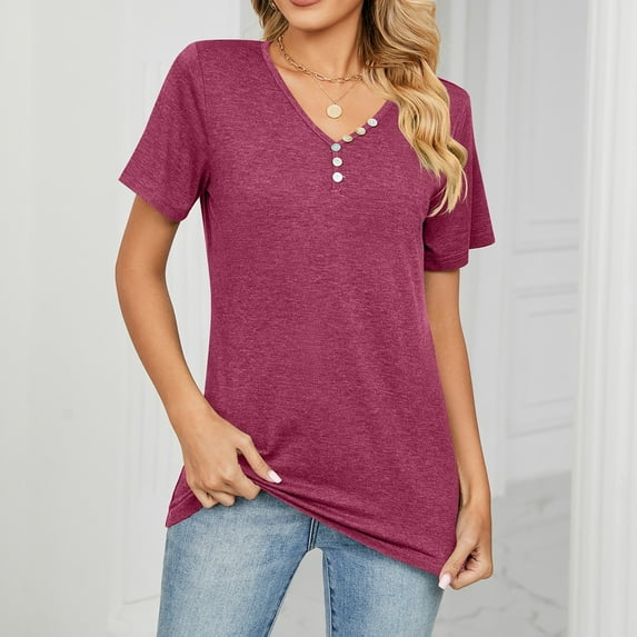 Womens Shirts Blouse Women's Fashion Button V-Neck Shirt Short Sleeve Casual Cotton Top