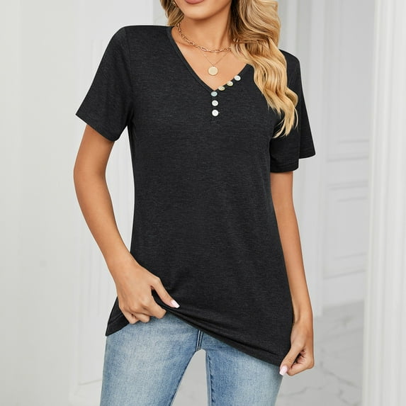 Womens Shirts Blouse Women's Fashion Button V-Neck Shirt Short Sleeve Casual Cotton Top