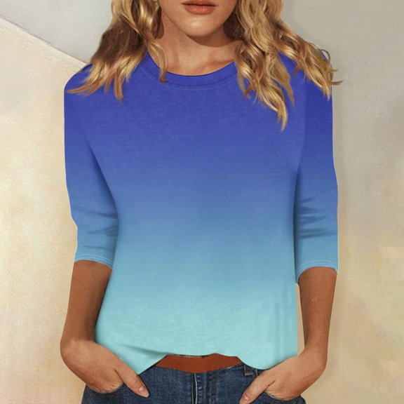 Womens Shirts Blouse Women's Fashion Casual Round Neck 3/4 Sleeve Loose Printed T-Shirt Ladies Top