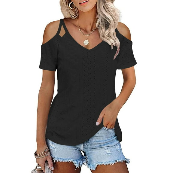 Womens Shirts Blouse Women's Fashion Casual V-Neck Hollow Out Double Shoulder Strapless T-Shirt Top