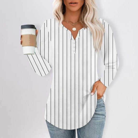 Womens Shirts Blouse Women's Fashion Hem Split Casual Striped Plaid Printed Round Neck Long Sleeve Top