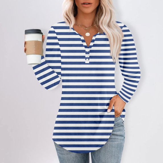 Womens Shirts Blouse Women's Fashion Hem Split Casual Striped Plaid Printed Round Neck Long Sleeve Top