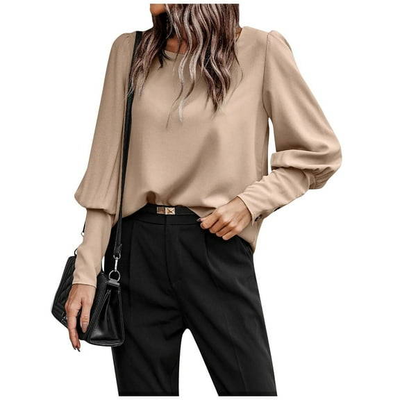 Womens Shirts Blouse Women's Fashion Round Neck Long Sleeve Button Decoration Solid Color Loose Top