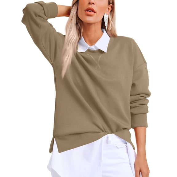 Womens Shirts Blouse Women's Fashion Solid Color V-Neck Side Split Round Neck Pullover Long Sleeve Top Sweatshirt