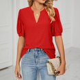 thumbnail image 1 of Womens Shirts Blouse Women's Fashion V-neck Solid Colour T-shirt Hollow Bubble Sleeve Loose Top, 1 of 6