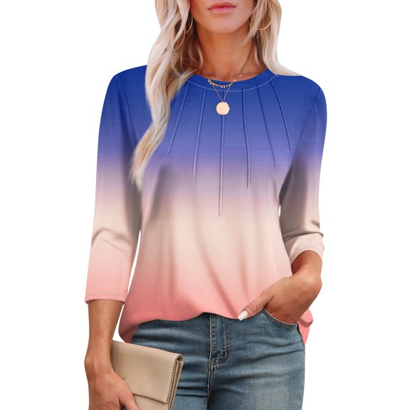 Womens Shirts Blouse Women's Fashionable Round Neck 3/4 Sleeve Printed Casual Basic Pleated Pullover T-shirt Top