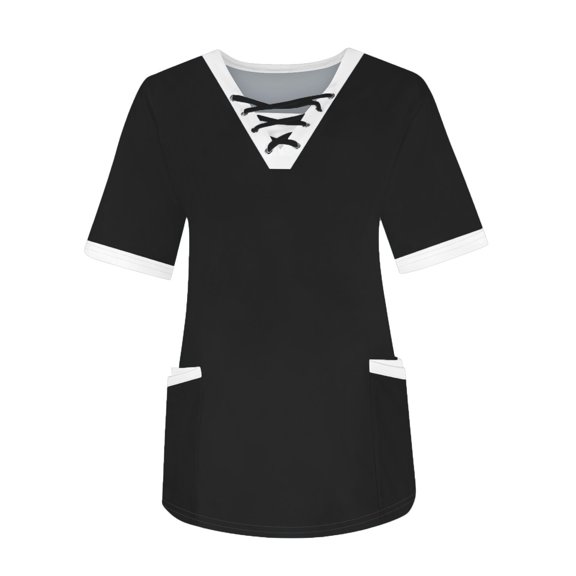 Womens Shirts Blouse Women's Fashionable V-Neck Short-Sleeved Work Clothes With Drawstrings And Pockets Color Matching Tops And Protective Clothing