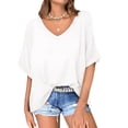 thumbnail image 1 of Womens Shirts Blouse Women's Oversized Monochromatic Quarter Sleeved V-neck Sports Shirt Casual Loose Pullover T-shirt Top, 1 of 6