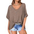 thumbnail image 1 of Womens Shirts Blouse Women's Oversized Monochromatic Quarter Sleeved V-neck Sports Shirt Casual Loose Pullover T-shirt Top, 1 of 7