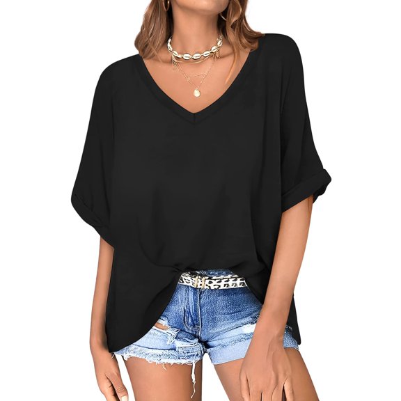 Womens Shirts Blouse Women's Oversized Monochromatic Quarter Sleeved V-neck Sports Shirt Casual Loose Pullover T-shirt Top