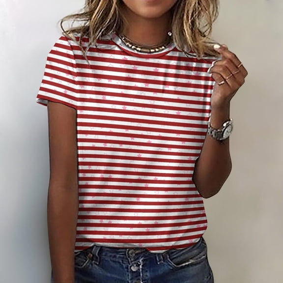 Womens Shirts Blouse Women's Round Neck Loose Short Sleeved Striped Printed Short Sleeved Top