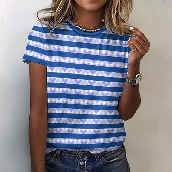 Womens Shirts Blouse Women's Round Neck Loose Short Sleeved Striped Printed Short Sleeved Top