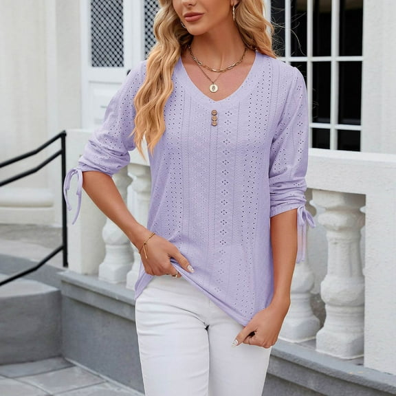 Womens Shirts Blouse Women's Spring And Summer Button-down V-neck Solid Color Mid-sleeve Loose T-shirt Tops