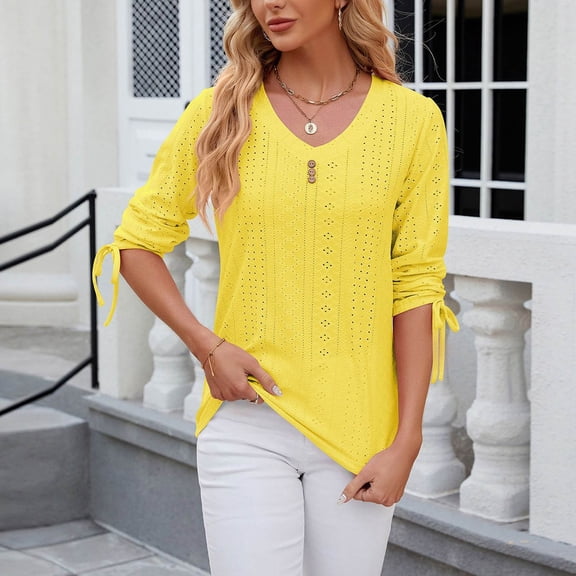 Womens Shirts Blouse Women's Spring And Summer Button-down V-neck Solid Color Mid-sleeve Loose T-shirt Tops