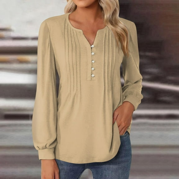 Womens Shirts Blouse Women's Top Solid Round Neck Neckline Long Sleeved Pleated Button Up T-shirt