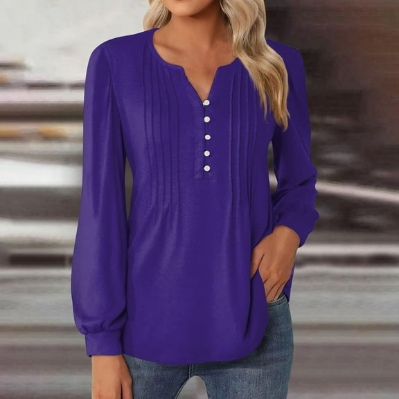 Womens Shirts Blouse Women's Top Solid Round Neck Neckline Long Sleeved Pleated Button Up T-shirt