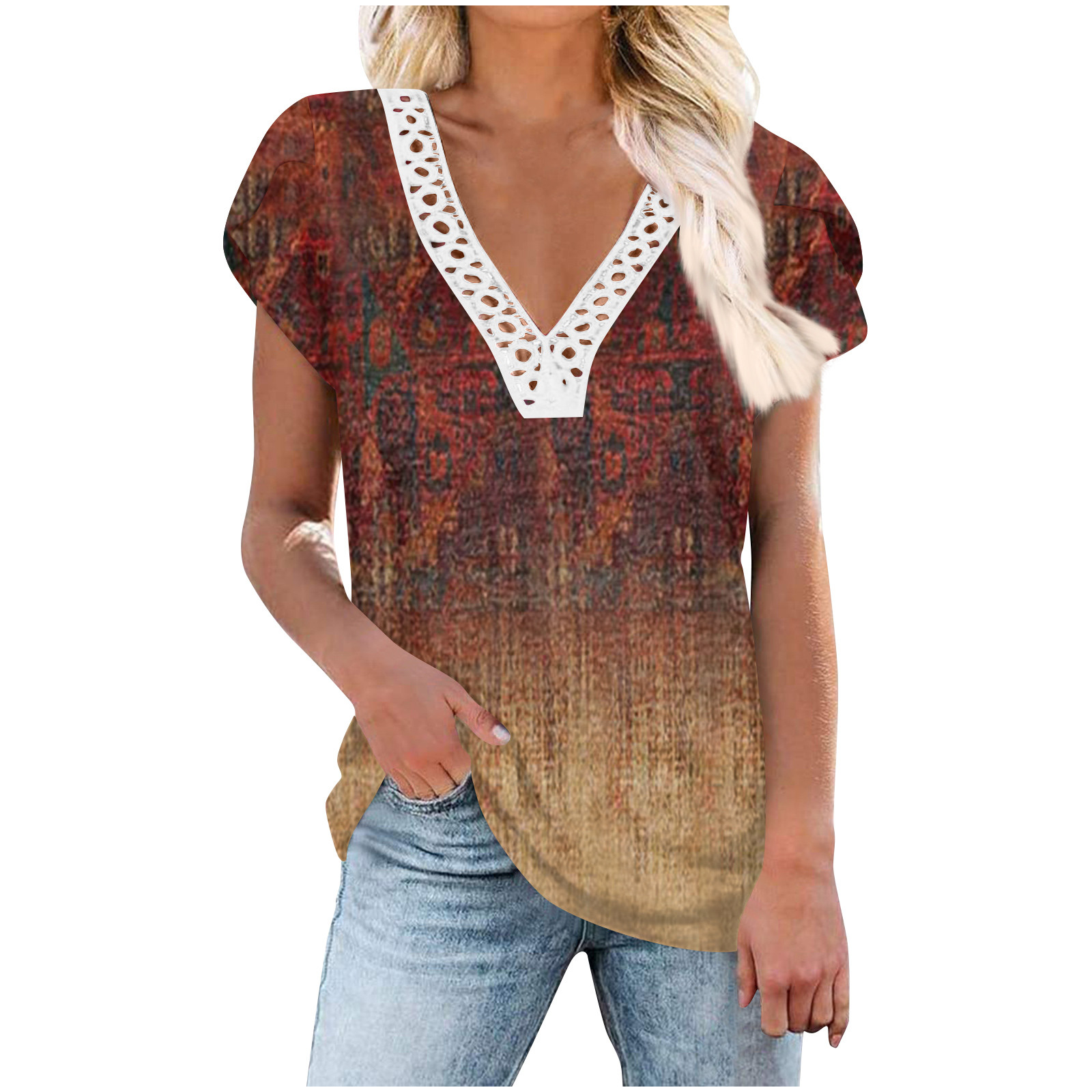 Womens Shirts Blouse Women's V Neck Summer Top Pleated Petal Sleeve ...