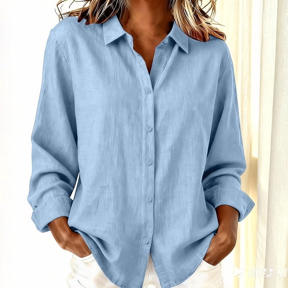Womens Shirts Blouse for Women Long Sleeve Button Down Shirts Outfit Lightweight Solid/Printed Tops