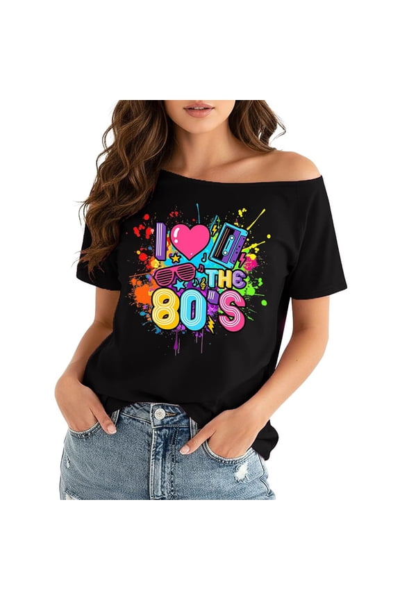 Womens Shirts Blouses Asymmetrical Neon Splatter off Shoulder Neck Short Sleeve Petite Clothing for Women,Black,M