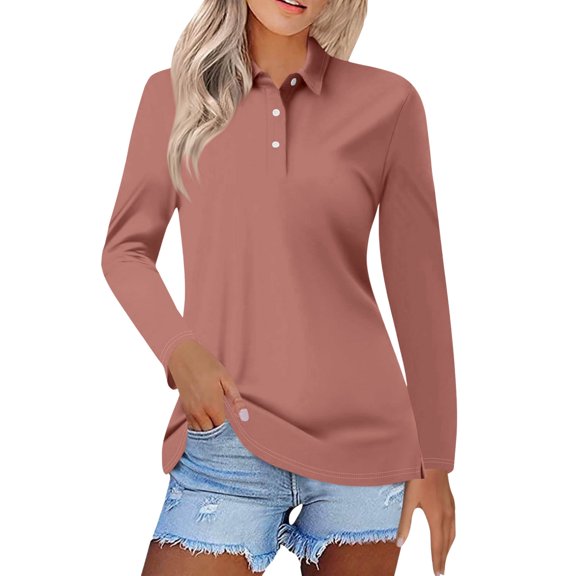 Womens Shirts Blouses Comtable Solid Lapel Button Long Sleeve Relaxed Fit Pairing With Jean Womens Golf Shirt,Rose Gold,3XL