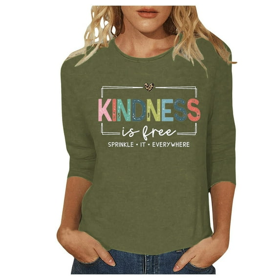 Womens Shirts Blouses Fashion Round Neck Letter Print 3/4 Sleeve Womens Summer Clothes